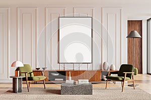 Stylish relax room interior with armchairs and sideboard, mockup frame