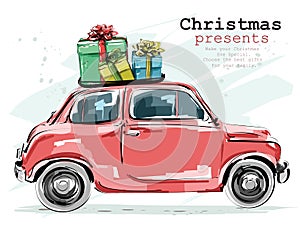 Stylish retro car with Christmas gifts. Hand drawn red car. Sketch.