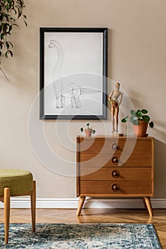 Stylish retro composition of living room with black mock up poster frame.