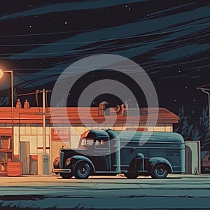 Stylish Retro Futuristic Poster, gas station truck ant night