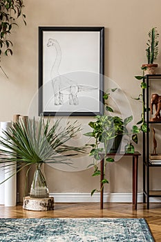 Stylish retro home staging of living room with black mock up poster frame. photo