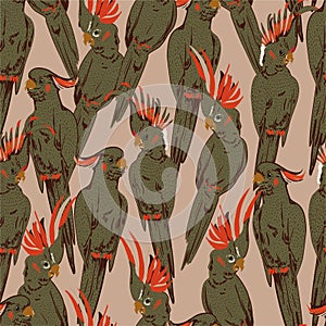 Stylish retro mood hand sketch doodle of yellow cockatoo parrot birds  seamless pattern in vector design for fashion, fabric, web