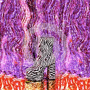 Stylish Retro platform zebra boots on party tinsel background. New year`s clubbing mood. Merry christmas. Holiday. Fashion and