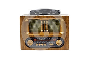 stylish retro radio player stands isolated on white background.