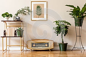 Retro space interior at home with gold mock up frame and vintage radio.