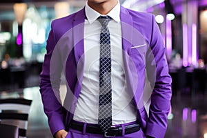 Stylish rich person adult man european successful businessman wearing purple suit tie shirt style handsome beauty