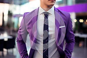 Stylish rich person adult man european successful businessman wearing purple suit tie shirt style handsome beauty