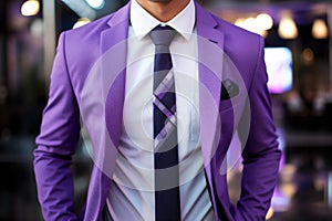 Stylish rich person adult man european successful businessman wearing purple suit tie shirt style handsome beauty