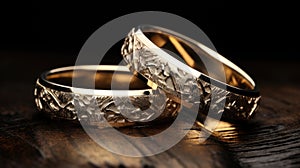 Stylish rings, flowers on wooden table background. Letters from the bride and groom. Vows. Engagement. Luxury marriage and wedding