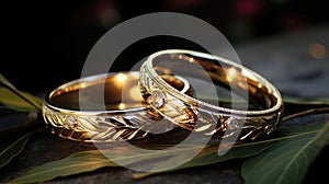 Stylish rings, flowers on wooden table background. Letters from the bride and groom. Vows. Engagement. Luxury marriage and wedding