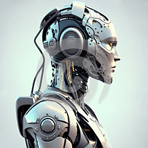 A stylish robot, depicted as a handsome man in profile, is seen listening to music with futuristic headphones in a 3d rendering