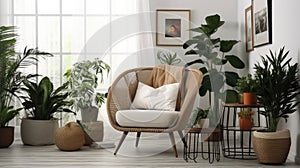 Stylish room with comfortable armchair and beautiful plants in modern house, Interior design