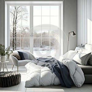 Stylish room interior with big comfortable bed in scandinavian style. Generative AI