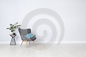 Stylish room interior with comfortable armchair and plant near wall. Space for text