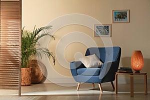 Stylish room interior with comfortable furniture and plant