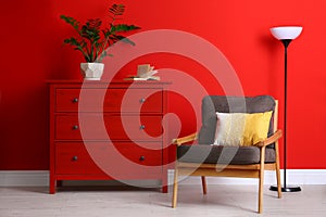 Stylish room interior with  furniture and houseplant near red wall