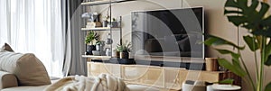 Stylish room interiors, tv, shelves, living room decor elements. Contemporary interior wall design