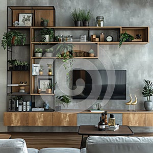 Stylish room interiors, tv, shelves, living room decor elements. Contemporary interior wall design