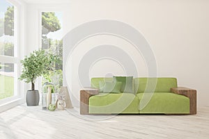 Stylish room in white color with sofa. Scandinavian interior design. 3D illustration