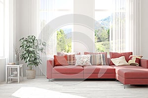 Stylish room in white color with sofa and summer landscape in window. Scandinavian interior design. 3D illustration