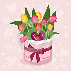 Box with multicolored tulips and heart for Valentine's Day, Women's Day, Mother's Day. A gift for a girl, mom