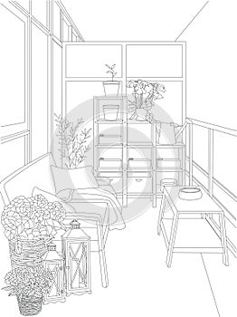 Stylish Scandinavian Apartment Garden Terrace Interior Design Black and White Vector Line Art