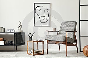 Stylish scandinavian composition of living room with design armchair, black mock up poster frame, commode, wooden stool, plant. photo