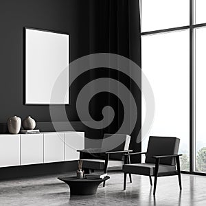 Stylish scandinavian composition of modern living room interior with two design armchair, white mock up framed poster, wooden