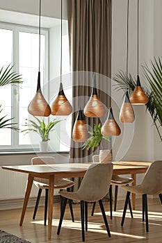 Stylish scandinavian dining room white walls, wooden furniture, plants, modern minimalist chairs