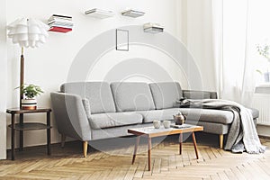 Stylish scandinavian interior of living room with small design table ,sofa, lamp and shelfs. White walls, plants on the windowsill