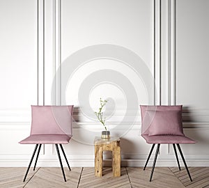 Stylish Scandinavian interior, natural wooden table, two pink chairs and modern home decoration, Mock up interior