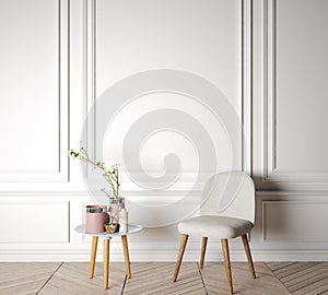 Stylish Scandinavian interior, wooden table, white chair and modern home decoration