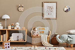 Stylish scandinavian kid room interior with toys, teddy bear, plush animal toys, rattan sofa, furniture, decoration.