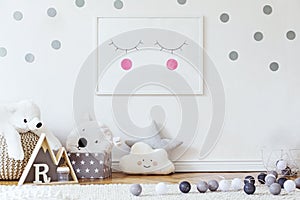 Stylish scandinavian kid room with mock up poster, toys, teddy bear, plush animal, natural pouf and children accessories.