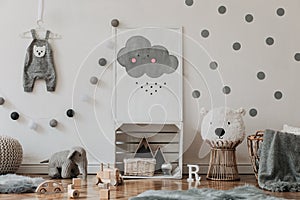 Stylish scandinavian kid room with mock up poster, toys, teddy bear, plush animal, natural pouf and children accessories.
