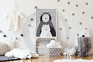 Stylish scandinavian kid room with mock up poster, toys, teddy bear, plush animal, natural pouf and children accessories.