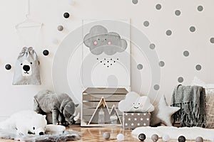 Stylish scandinavian kid room with mock up poster; toys; teddy bear; plush animal; natural pouf and children accessories.