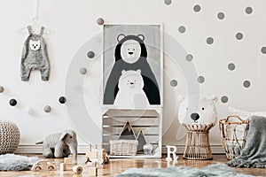 Stylish scandinavian kid room with mock up poster; toys; teddy bear; plush animal; natural pouf and children accessories.