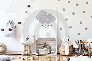 Stylish scandinavian kid room with mock up poster, toys, teddy bear, plush animal, natural pouf and children accessories. Modern