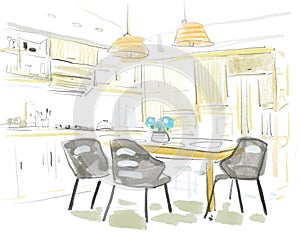 Stylish and scandinavian kitchen interior of modern apartment. Drawing sketch for design.