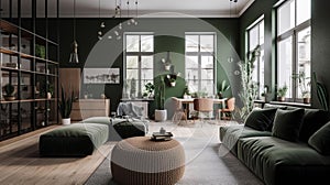 Stylish scandinavian living room with design furniture, plants. Generative AI