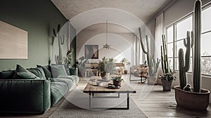 Stylish scandinavian living room with design furniture, plants. Generative AI