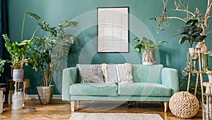 Stylish scandinavian living room interior with design mint sofa, furnitures, mock up poster map, plants, and elegant personal