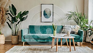 Stylish scandinavian living room interior with design mint sofa, furnitures, mock up poster map, plants, and elegant personal