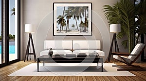 Stylish and scandinavian living room interior of modern white with gray sofa, design wooden commode, black table, lamp