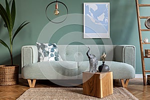 Stylish, Scandinavian living room with mint sofa.