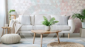 Stylish Scandinavian Living Space Featuring Pastel Geometric Wallpaper and Functional Simplicity photo