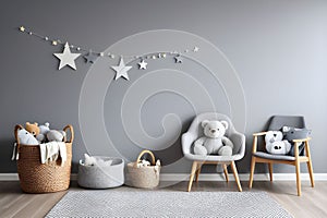 Stylish scandinavian newborn baby room with toys, children's chair, natural basket with teddy bear and small shelf