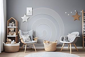 Stylish scandinavian newborn baby room with toys, children's chair, natural basket with teddy bear and small shelf