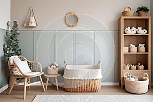 Stylish scandinavian newborn baby room with wooden cabinet, toys, children's chair, natural basket Modern interior